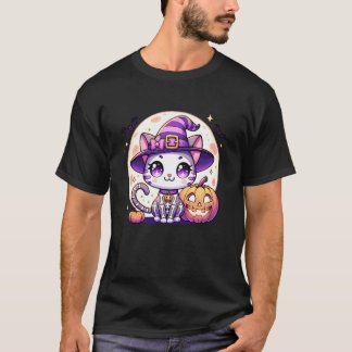 Camiseta Gato de Halloween Kitten Esqueleto Bruxa Abóbora J