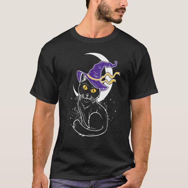 Camiseta Gato de Halloween Lua Crescente Chapéu de Bruxa (Frente)