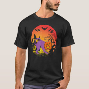 Camiseta Gato de Halloween Mansão Assombrada Bruxa Morcegos