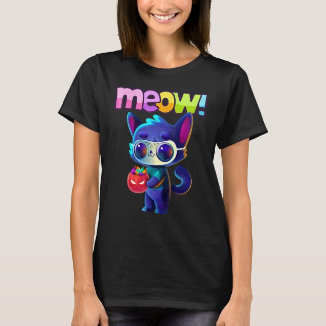 Camiseta Gato de Halloween Mia e Cesta de Doces de Hallowee (Frente)