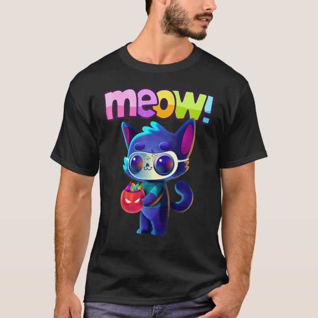Camiseta Gato de Halloween Mia e Cesta de Doces de Hallowee (Frente)