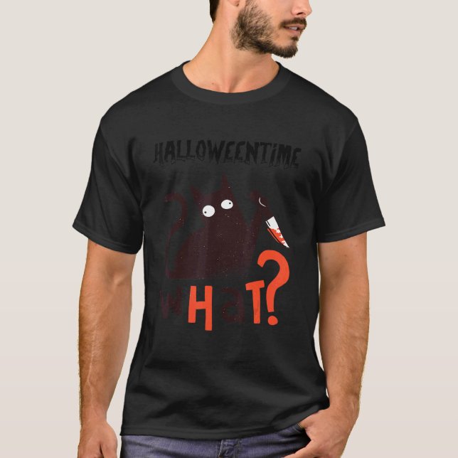 Camiseta Gato de Halloween Preto Assustador Com Uma Faca (Frente)