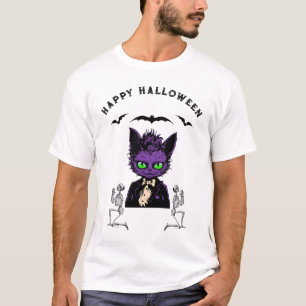 Camiseta Gato de Halloween Roxo com Bats e Skeletons