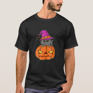 Camiseta Gato de Halloween Usando um Chapéu de Bruxa com Ab