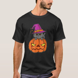 Camiseta Gato De Halloween Vestindo Um Chapéu De Bruxa Com
