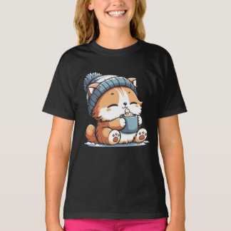 Camiseta Gato de inverno bonito com Beanie Cozy Kawaii Anim