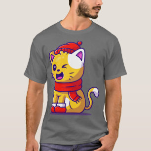 Camiseta Gato De Inverno Bonito Vestindo Carvalho E Cartões