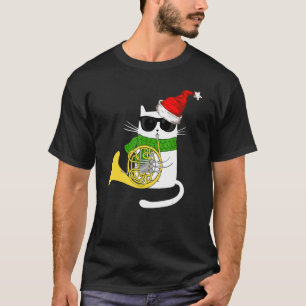 Camiseta Gato de Jazz de Natal Tocando Trompa Francesa