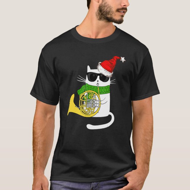 Camiseta Gato de Jazz de Natal Tocando Trompa Francesa (Frente)