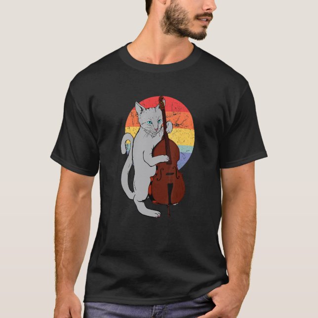 Camiseta Gato de Jazz Tocando Contrabaixo Clássico Músico L (Frente)