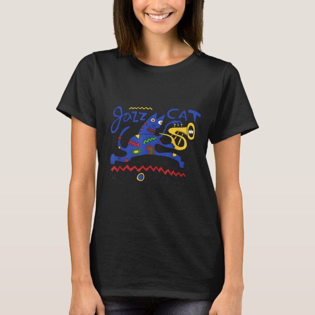 Camiseta Gato de Jazz Trompete Design de Nova Orleans (Frente)