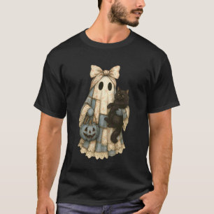 Camiseta Gato de Jeans Azul Fantasma Preto Remendo Hallowee