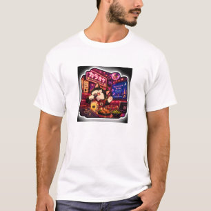 Camiseta Gato de Karaokê Noturno Japonês Neon