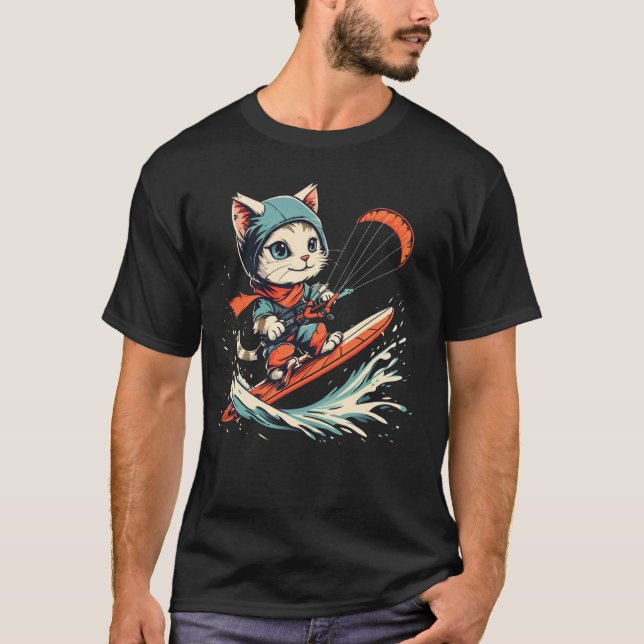 Camiseta Gato de kite surfista no kite surf (Frente)