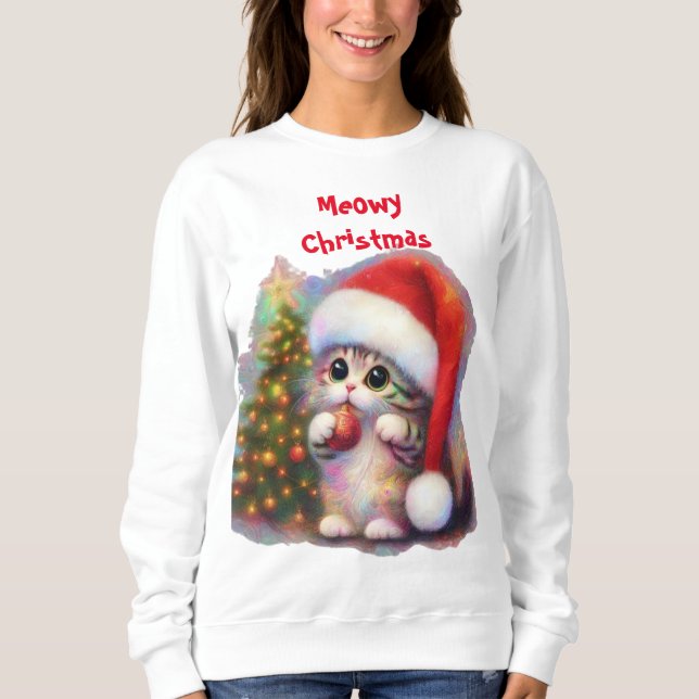 Camiseta Gato de Kitten de Natal com Ornament e Árvore (Frente)