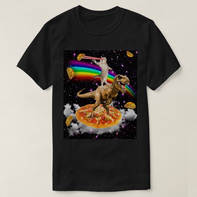 Camiseta Gato de Laser Galáxico no Dinossauro na Pizza com  (Frente do Design)