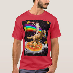 Camiseta Gato de Laser Galáxico no Dinossauro na Pizza com