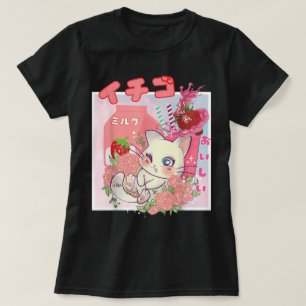Camiseta Gato de Leite de Morango Kawaii Estética