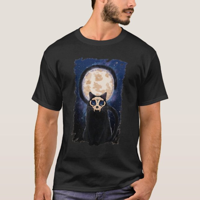 Camiseta Gato De Máscara De Caveira Com Gótico Rune Hallowe (Frente)