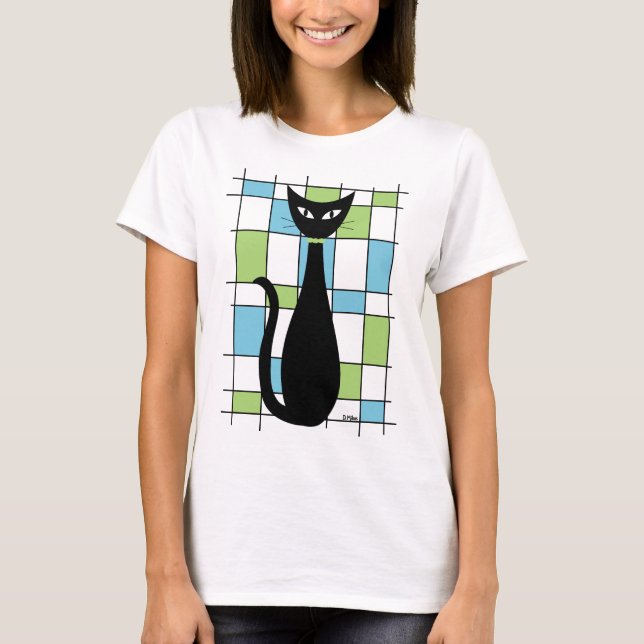 Camiseta Gato de meio século com Retângulos Azul e Verde (Frente)