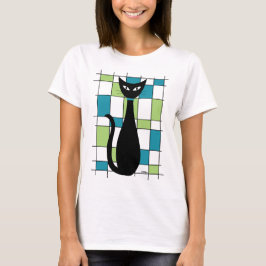 Camiseta Gato de meio século com Retângulos Verdes e Teais