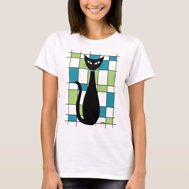 Camiseta Gato de meio século com Retângulos Verdes e Teais (Frente)