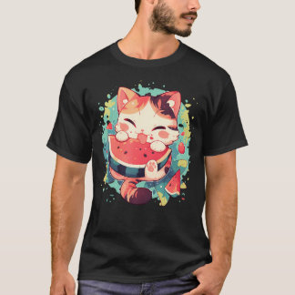 Camiseta Gato de Melancia Arte Colorida Fruta Melancia