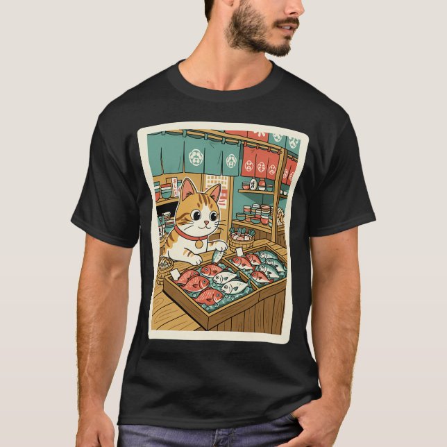 Camiseta Gato de Mercado Sortudo Observando Peixe Fresco em (Frente)