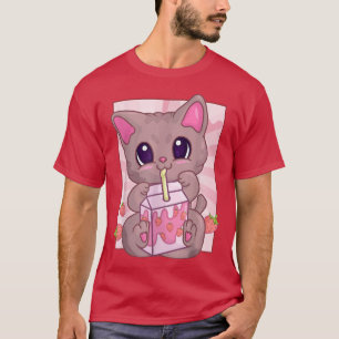 Camiseta Gato De Milkshake De Morango Para Mulheres, Kawaii