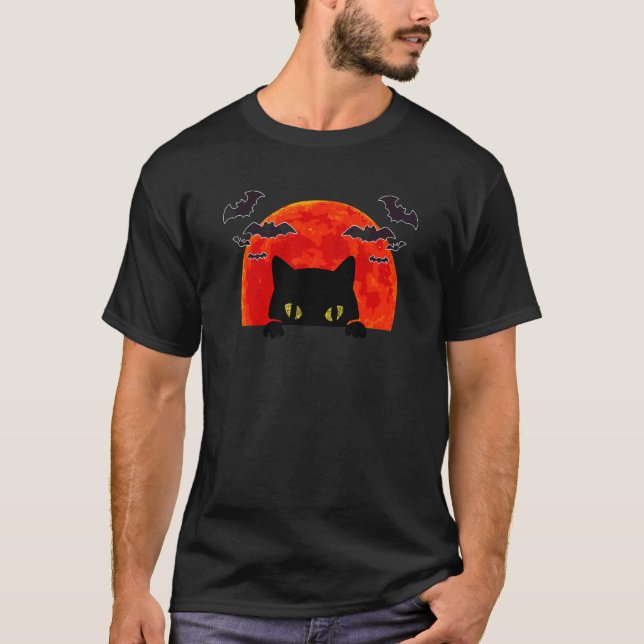 Camiseta Gato de Morcego Preto Assustador Noite de Lua Chei (Frente)