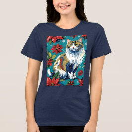 Camiseta Gato De Natal Adorável Com Poinsettias