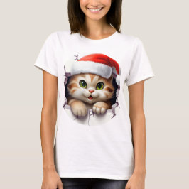 Camiseta Gato de Natal bonito através da parede ilustrado