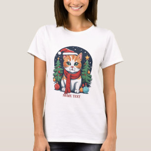 Camiseta Gato de Natal bonito com Árvores Festivas