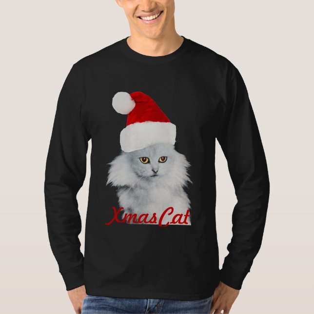 CAMISETA GATO DE NATAL BRANCO COM CHAPÉU DE SANTA CLAUS (Frente)