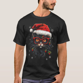 Camiseta Gato de Natal Chapéu do Papai Noel Luzes de Natal 