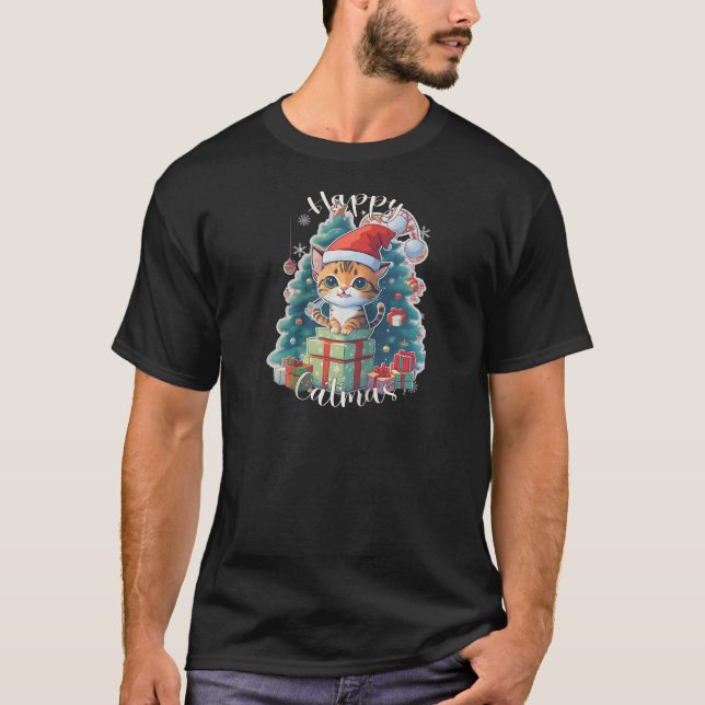 Camiseta Gato de Natal com chapéu de Papai Noel para Menino (Frente)