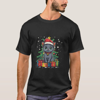 Camiseta Gato de Natal com gato azul russo de Natal