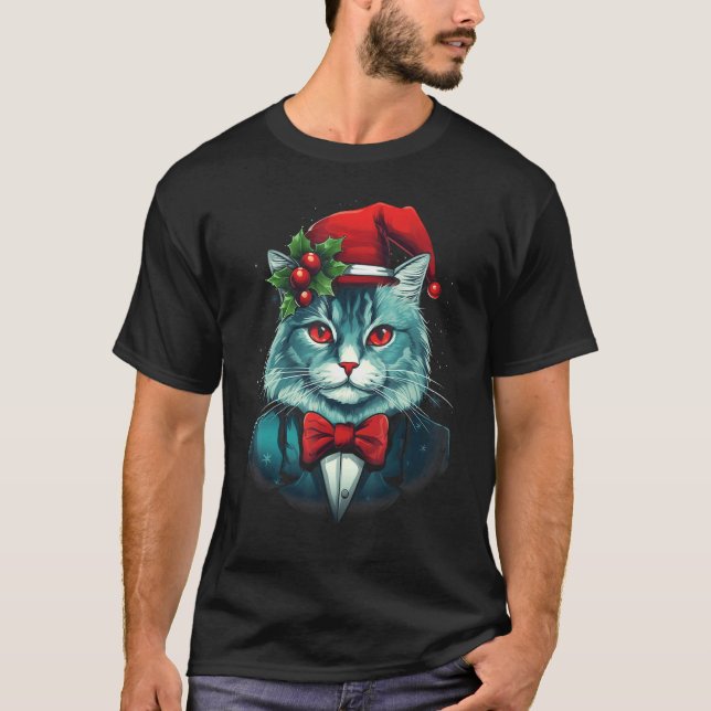 Camiseta Gato de Natal com Gravata Borboleta e Chapéu de Pa (Frente)