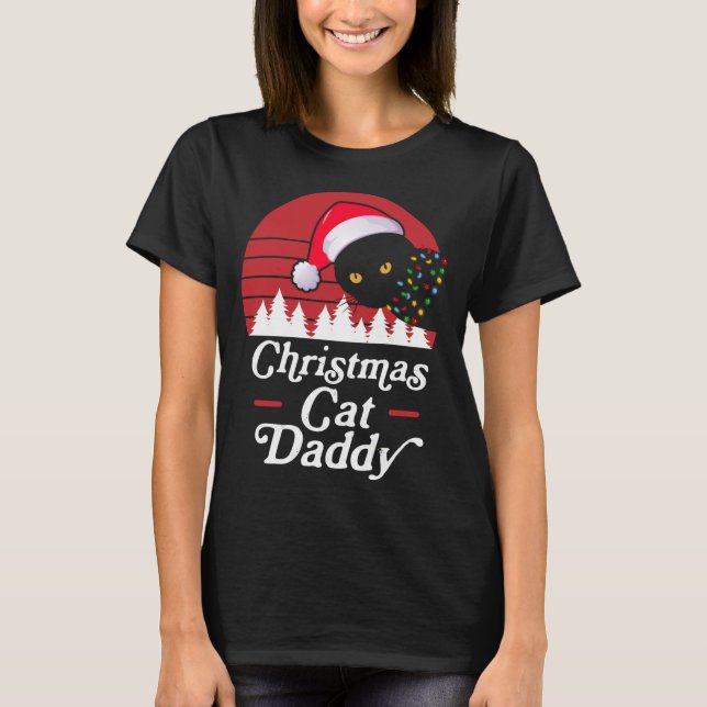 Camiseta Gato de Natal com Luzes de Colar de Natal (Frente)
