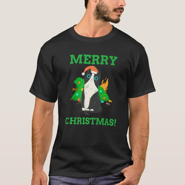 Camiseta Gato de Natal Diz Feliz Natal Como Natal Presente (Frente)