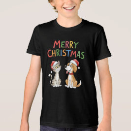 Camiseta Gato de Natal e Cachorro Bonitos com Chapéus Santa