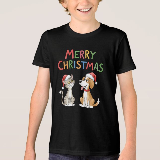 Camiseta Gato de Natal e Cachorro Bonitos com Chapéus Santa (Frente)
