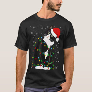 Camiseta Gato de Natal Feio Luzes do Chapéu de Papai Noel n