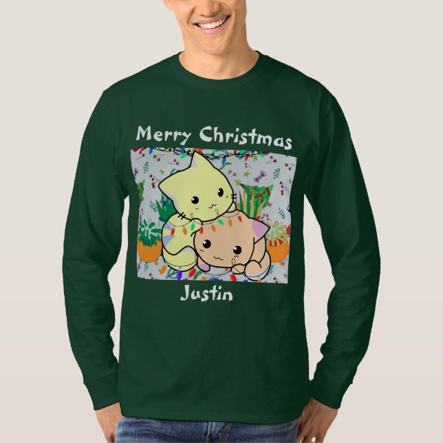 Camiseta gato de natal fofo, personalize o texto personaliz (Frente)