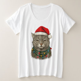 Camiseta Gato de Natal Fofo Usando Chapéu de Papai Noel e F