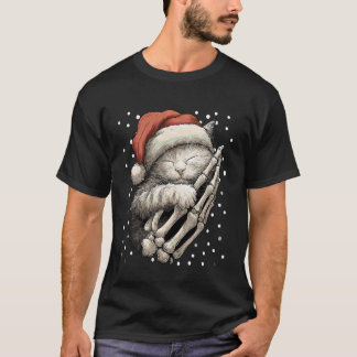 Camiseta Gato de Natal Gótico Chapéu do Papai Noel Esquelet