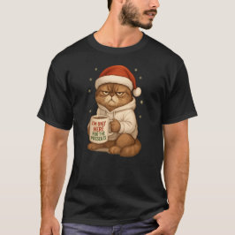 Camiseta Gato de Natal Mal-Humorado com Chapéu de Papai Noe