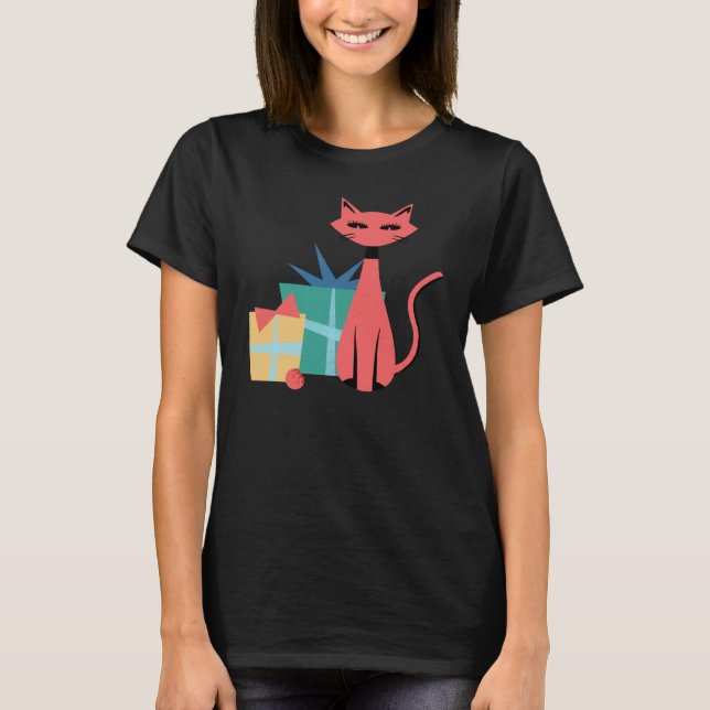 Camiseta Gato de Natal Moderno com Meio século elegante com (Frente)