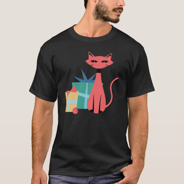 Camiseta Gato de Natal Moderno com Meio século elegante com (Frente)