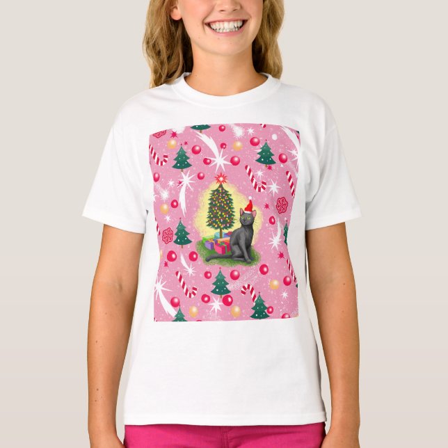 Camiseta Gato de Natal Rosa (Frente)